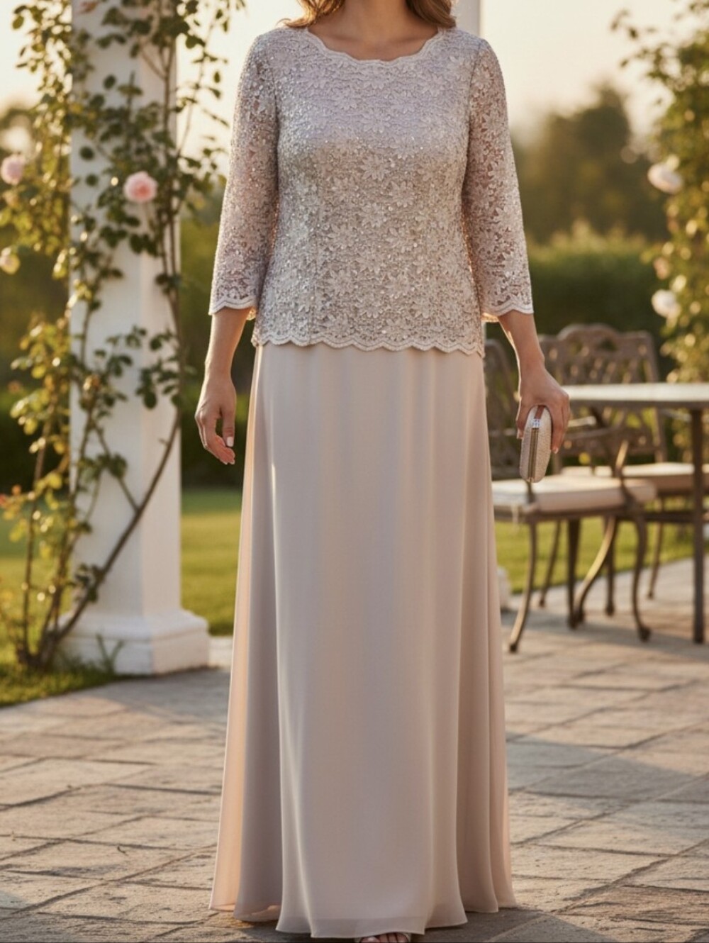 Alex Evenings Long Gown Sequin Lace Bodice & Chiffon In Taupe Size 8P